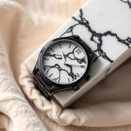 A beautifully crafted watch featuring a case made of black ceramics, elegantly contrasted with a white marble top that displays striking black isor patterns