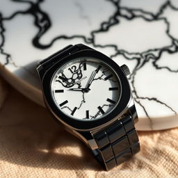 A beautifully crafted watch featuring a case made of black ceramics, elegantly contrasted with a white marble top that displays striking black isor patterns