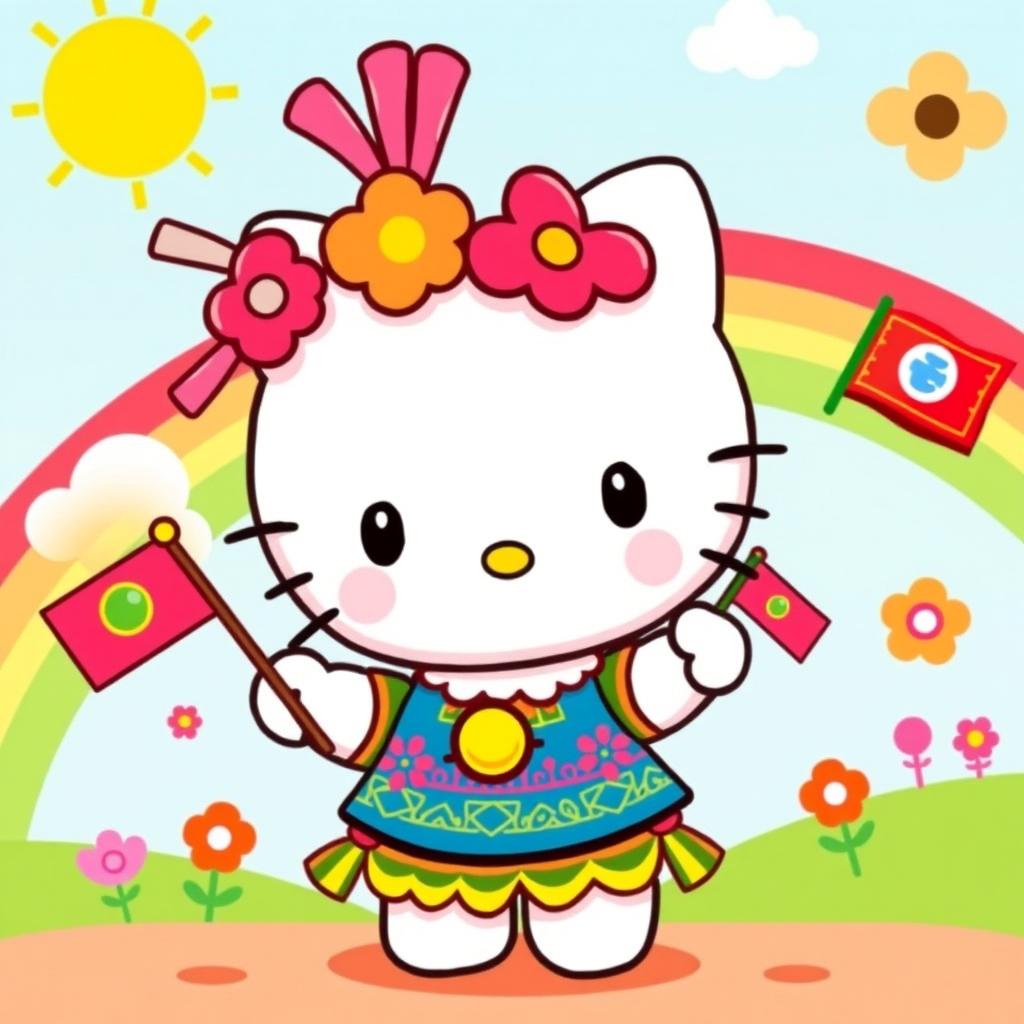 A cute and cheerful Hello Kitty character dressed in a vibrant Mrua outfit, showcasing elements like traditional Mrua patterns and designs