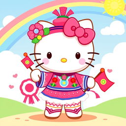 A cute and cheerful Hello Kitty character dressed in a vibrant Mrua outfit, showcasing elements like traditional Mrua patterns and designs