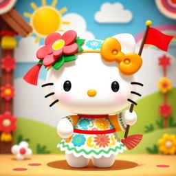 A cute and cheerful Hello Kitty character dressed in a vibrant Mrua outfit, showcasing elements like traditional Mrua patterns and designs