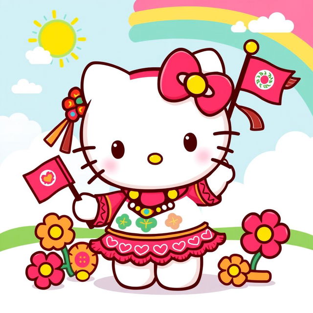 A cute and cheerful Hello Kitty character dressed in a vibrant Mrua outfit, showcasing elements like traditional Mrua patterns and designs