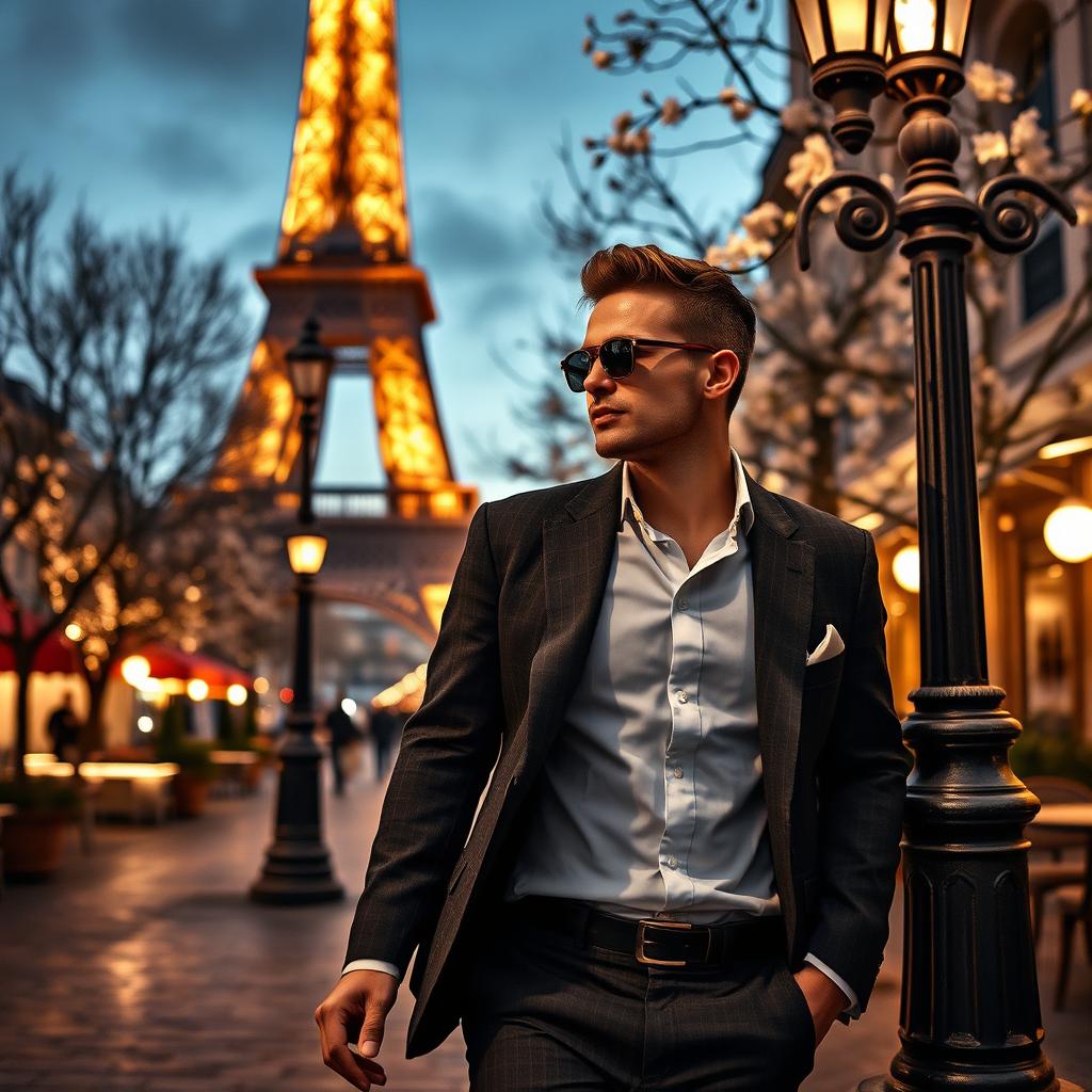 A handsome and sexy man walking confidently through the enchanting streets of Paris, dressed in a fitted tailored suit that accentuates his physique