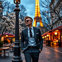 A handsome and sexy man walking confidently through the enchanting streets of Paris, dressed in a fitted tailored suit that accentuates his physique