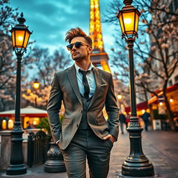 A handsome and sexy man walking confidently through the enchanting streets of Paris, dressed in a fitted tailored suit that accentuates his physique