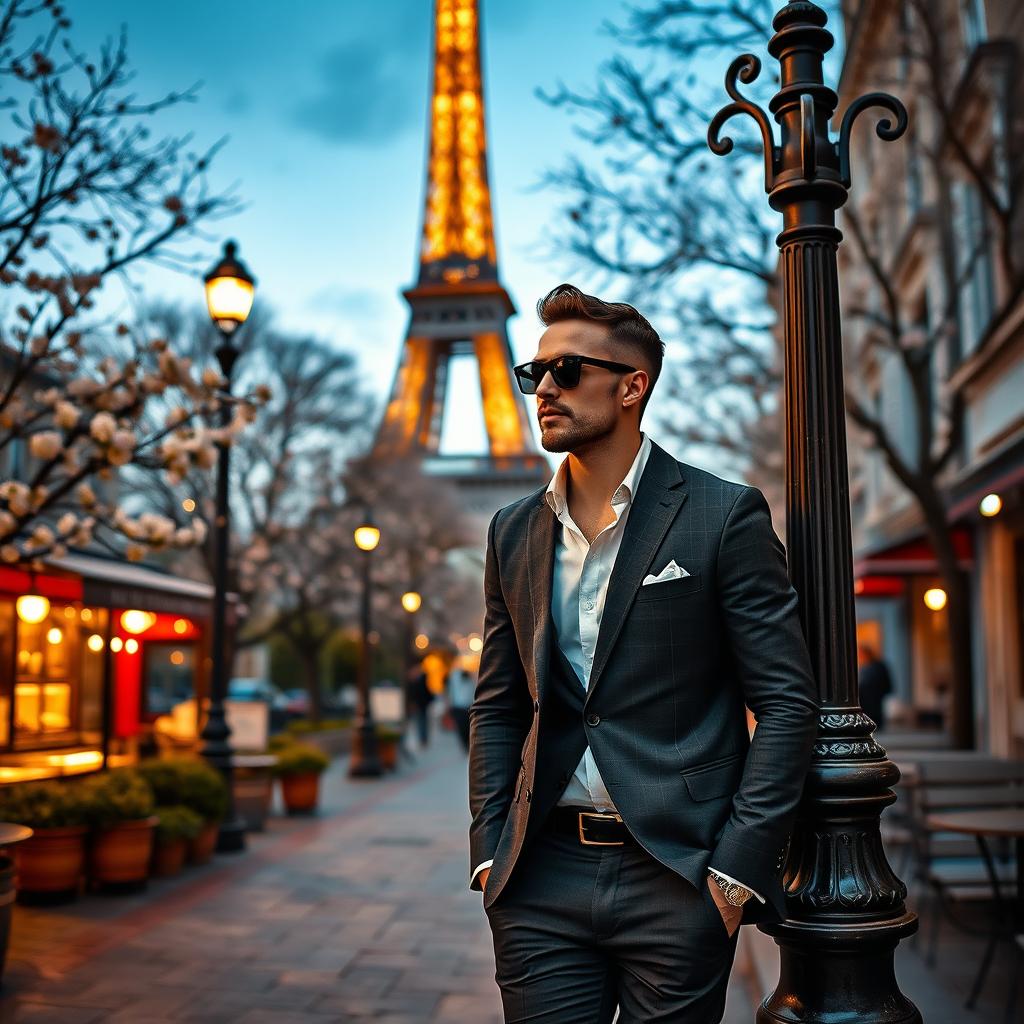 A handsome and sexy man walking confidently through the enchanting streets of Paris, dressed in a fitted tailored suit that accentuates his physique