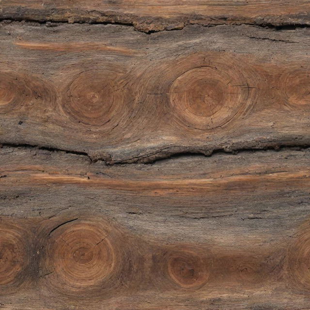 A realistic, highly-detailed image of a log, with intricate patterns of its brown bark and the signs of age and weathering.