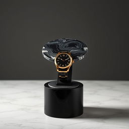 An elegant watch case crafted from black ceramics featuring an exquisite marble top, adorned with stunning black isor patterns