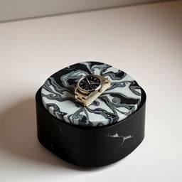 An elegant watch case crafted from black ceramics featuring an exquisite marble top, adorned with stunning black isor patterns