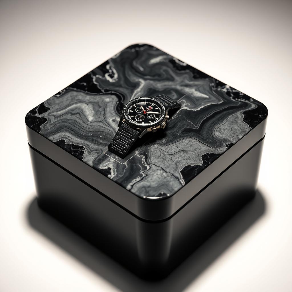 An elegant watch case crafted from black ceramics featuring an exquisite marble top, adorned with stunning black isor patterns