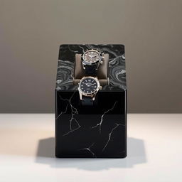 An elegant watch case crafted from black ceramics featuring an exquisite marble top, adorned with stunning black isor patterns