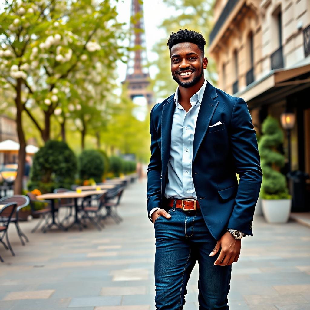 A dapper black man exuding confidence as he navigates the romantic streets of Paris