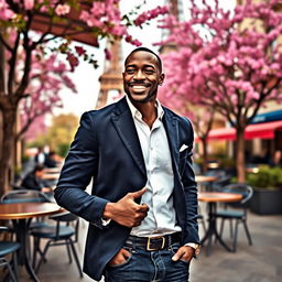 A dapper black man exuding confidence as he navigates the romantic streets of Paris