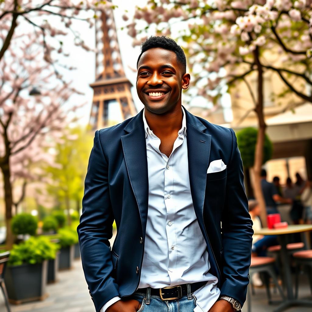 A dapper black man exuding confidence as he navigates the romantic streets of Paris