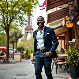 A dapper black man exuding confidence as he navigates the romantic streets of Paris