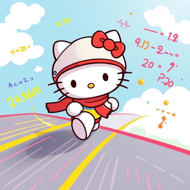 A whimsical illustration of Hello Kitty representing uniformly accelerated linear motion