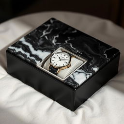 A stylish watch case crafted from sleek black ceramics, combined with a luxurious marble top featuring distinctive black isor patterns