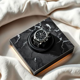 A stylish watch case crafted from sleek black ceramics, combined with a luxurious marble top featuring distinctive black isor patterns