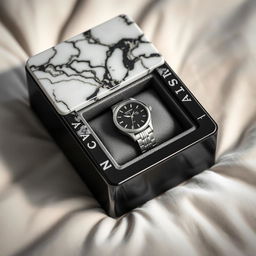 A stylish watch case crafted from sleek black ceramics, combined with a luxurious marble top featuring distinctive black isor patterns