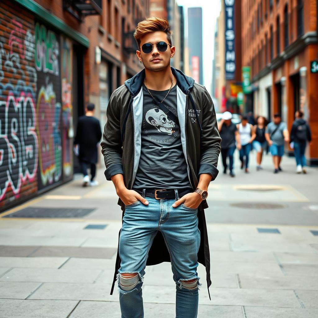 A stylish urban man dressed in casual yet fashionable attire, showcasing a modern streetwear vibe