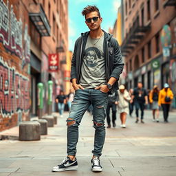 A stylish urban man dressed in casual yet fashionable attire, showcasing a modern streetwear vibe