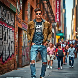 A stylish urban man dressed in casual yet fashionable attire, showcasing a modern streetwear vibe