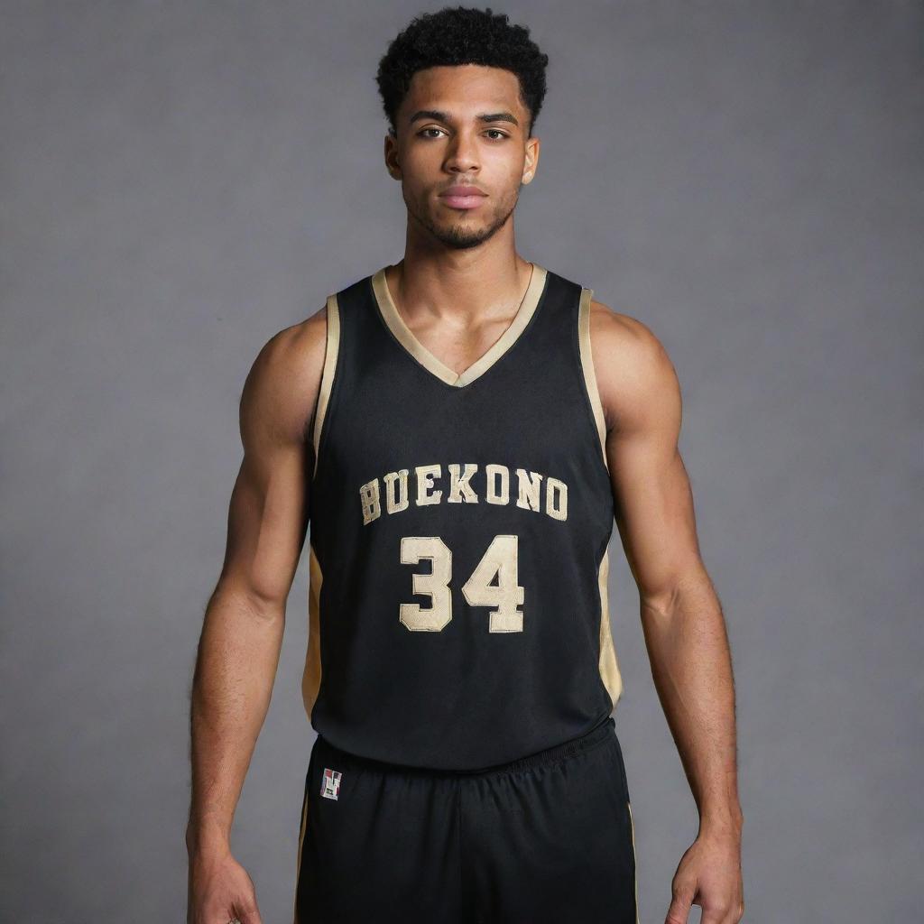 A black and gold basketball jersey, combining sleek black fabric with vibrant gold details. The jersey is styled uniquely, making the team stand out on the court.