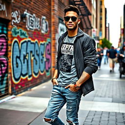 A stylish urban man dressed in casual yet fashionable attire, showcasing a modern streetwear vibe