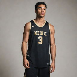 A black and gold basketball jersey, combining sleek black fabric with vibrant gold details. The jersey is styled uniquely, making the team stand out on the court.