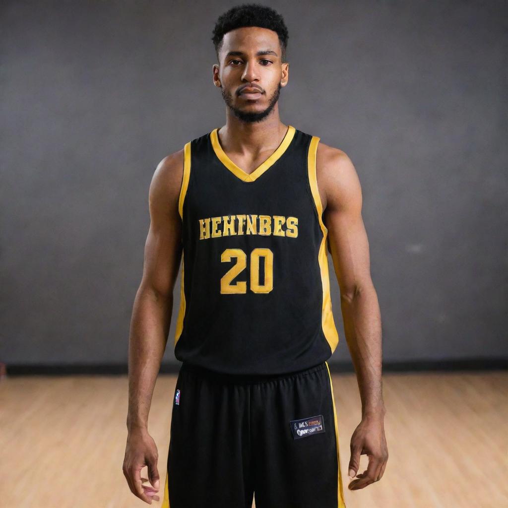 A black and gold basketball jersey, combining sleek black fabric with vibrant gold details. The jersey is styled uniquely, making the team stand out on the court.