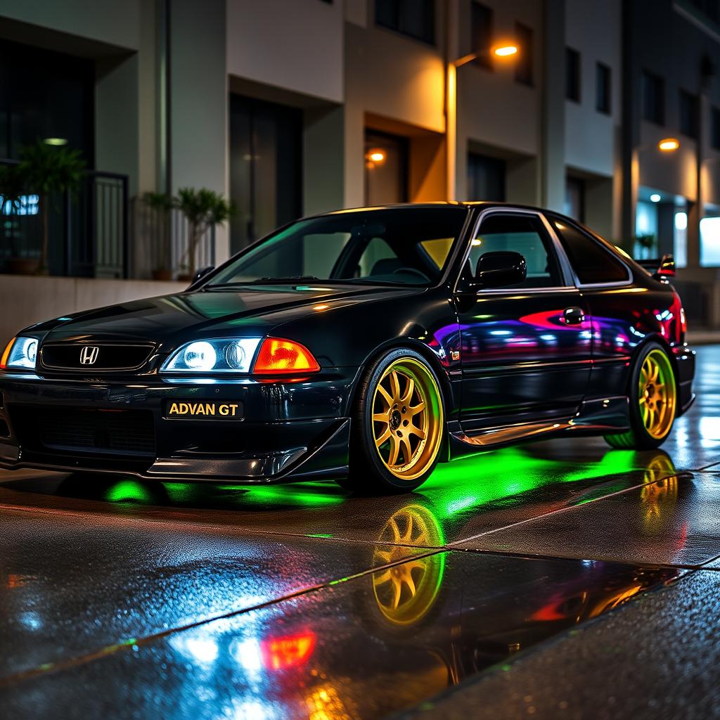 A 1993 Honda Civic EJ1 coupe, painted black with vibrant green neon lights glowing underneath it