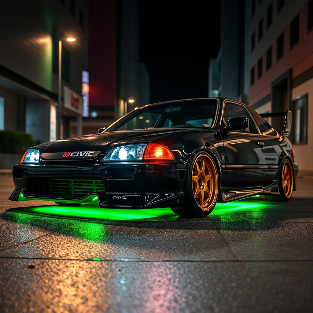 A 1993 Honda Civic EJ1 coupe, painted black with vibrant green neon lights glowing underneath it