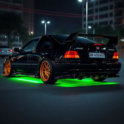 A 1993 Honda Civic EJ1 coupe, painted black with vibrant green neon lights glowing underneath it