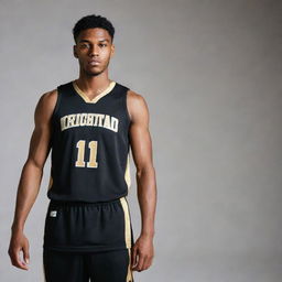 A black and gold basketball jersey, combining sleek black fabric with vibrant gold details. The jersey is styled uniquely, making the team stand out on the court.