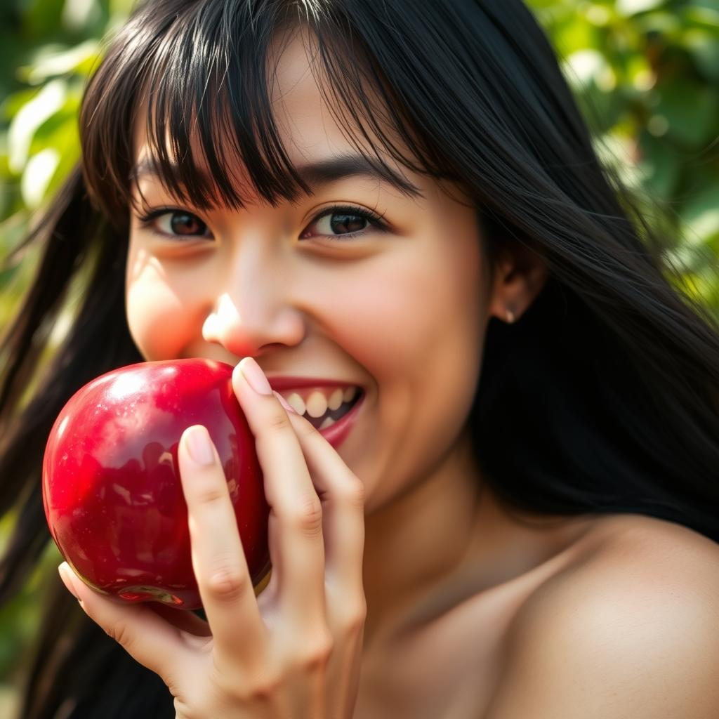 A close-up image of a woman playfully biting into a shiny red apple