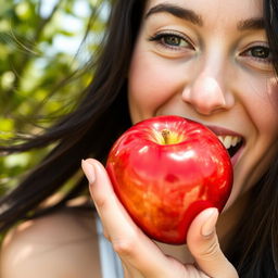 A close-up image of a woman playfully biting into a shiny red apple