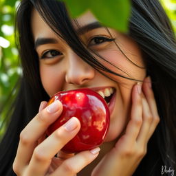 A close-up image of a woman playfully biting into a shiny red apple