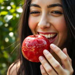 A close-up image of a woman playfully biting into a shiny red apple