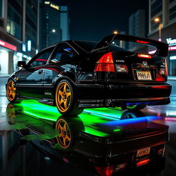 A 1993 Honda Civic EJ1 coupe in sleek black, featuring vibrant green neon lights glowing beneath it