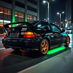 A 1993 Honda Civic EJ1 coupe in sleek black, featuring vibrant green neon lights glowing beneath it