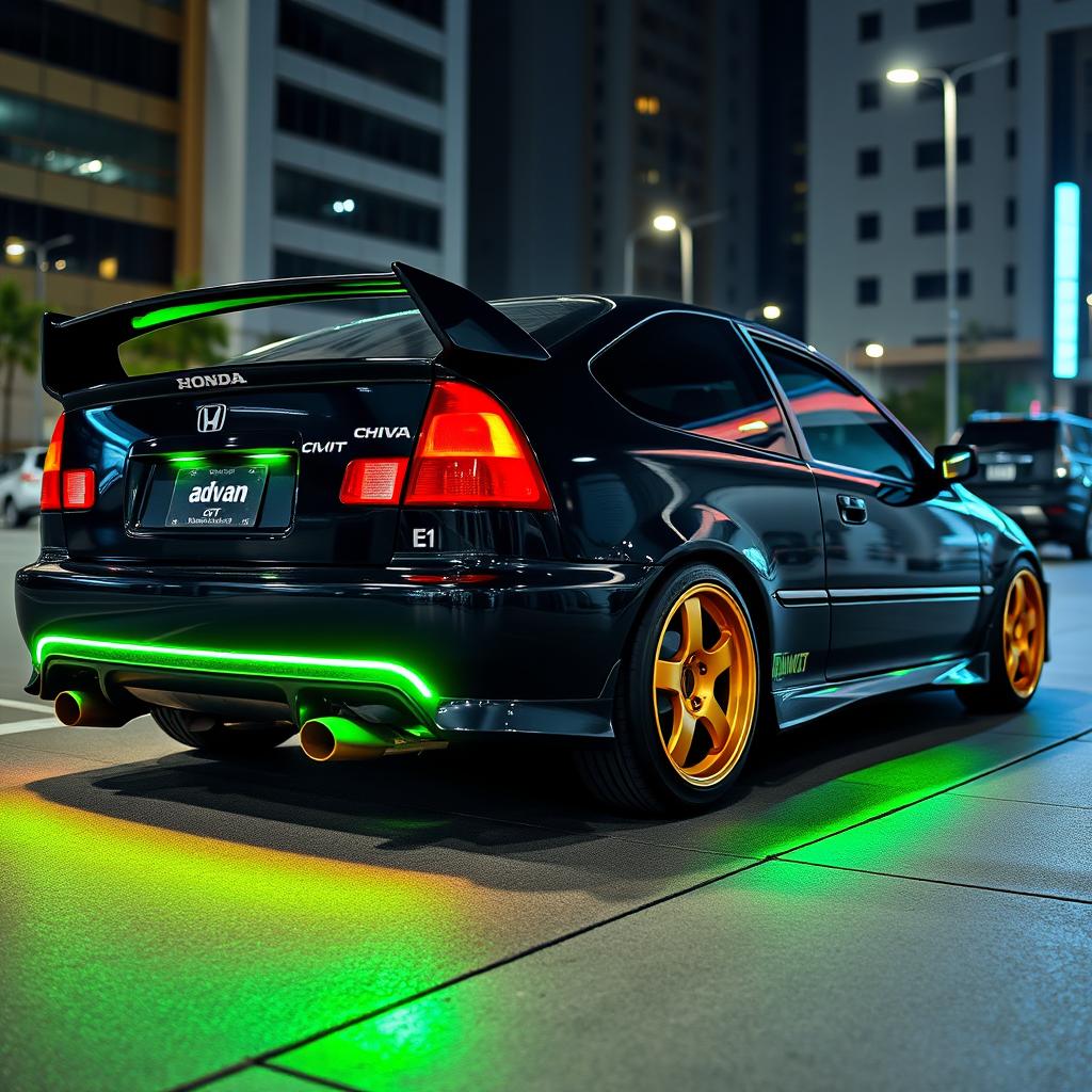 A 1993 Honda Civic EJ1 coupe in sleek black, featuring vibrant green neon lights glowing beneath it