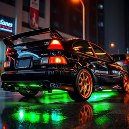 A 1993 Honda Civic EJ1 coupe in sleek black, featuring vibrant green neon lights glowing beneath it