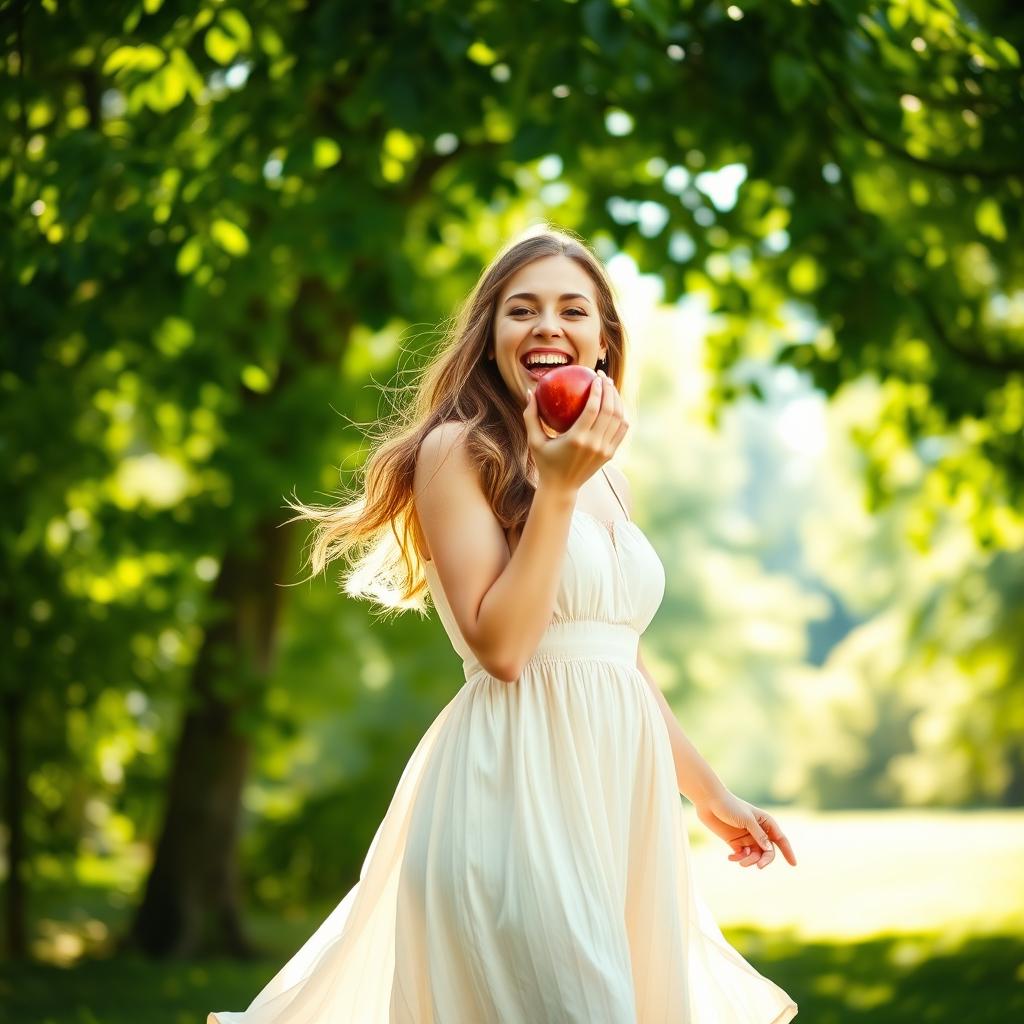 A full-body image of a woman playfully biting into a shiny red apple