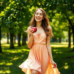 A full-body image of a woman playfully biting into a shiny red apple