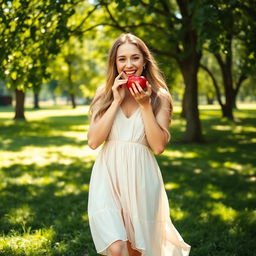 A full-body image of a woman playfully biting into a shiny red apple