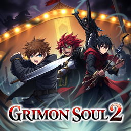 An intense, dark fantasy anime cover for 'Grimon Soul 2', featuring a mysterious circus backdrop