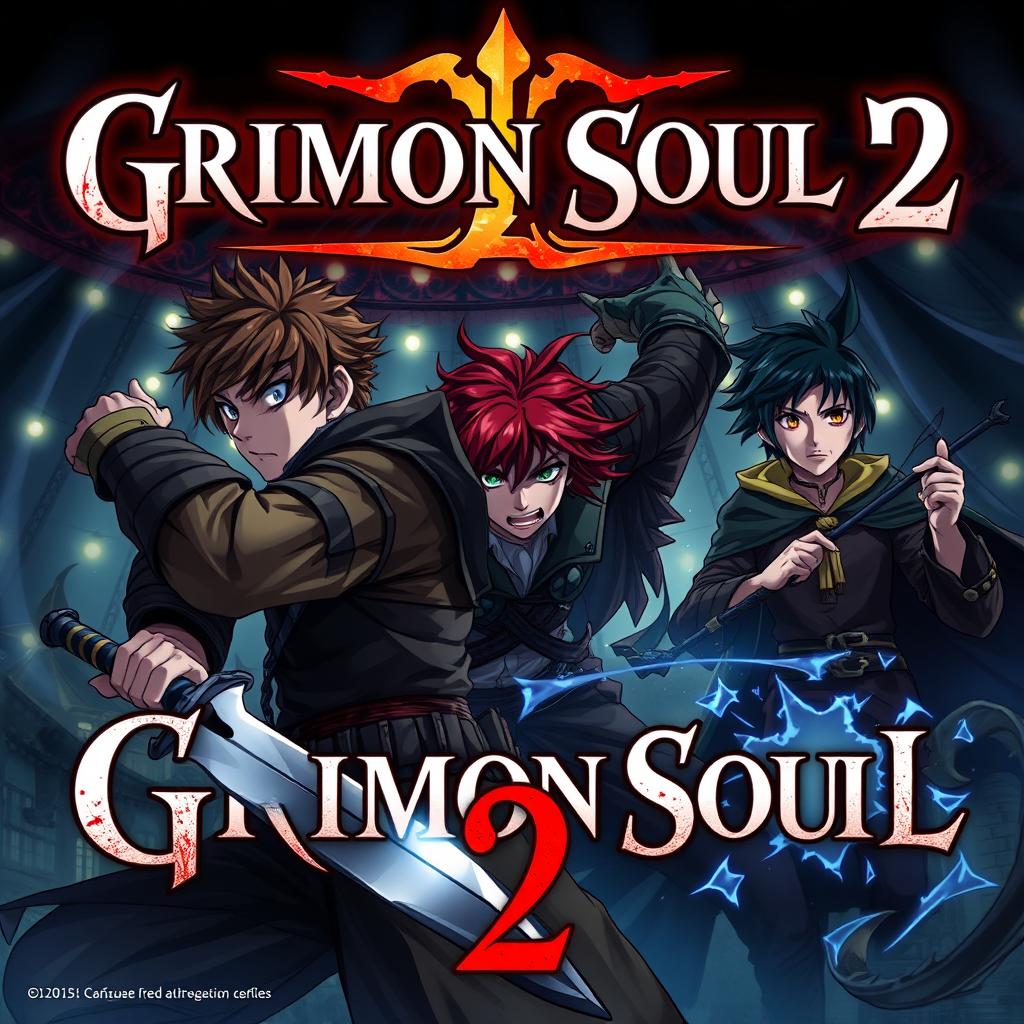 An intense, dark fantasy anime cover for 'Grimon Soul 2', featuring a mysterious circus backdrop