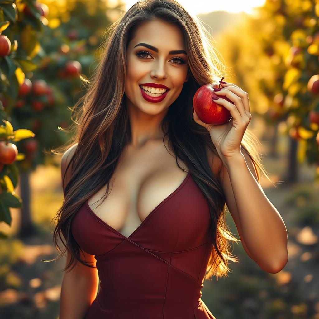 An alluring full-body image of a woman playfully biting into a shiny red apple