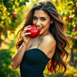 An alluring full-body image of a woman playfully biting into a shiny red apple