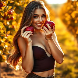 An alluring full-body image of a woman playfully biting into a shiny red apple